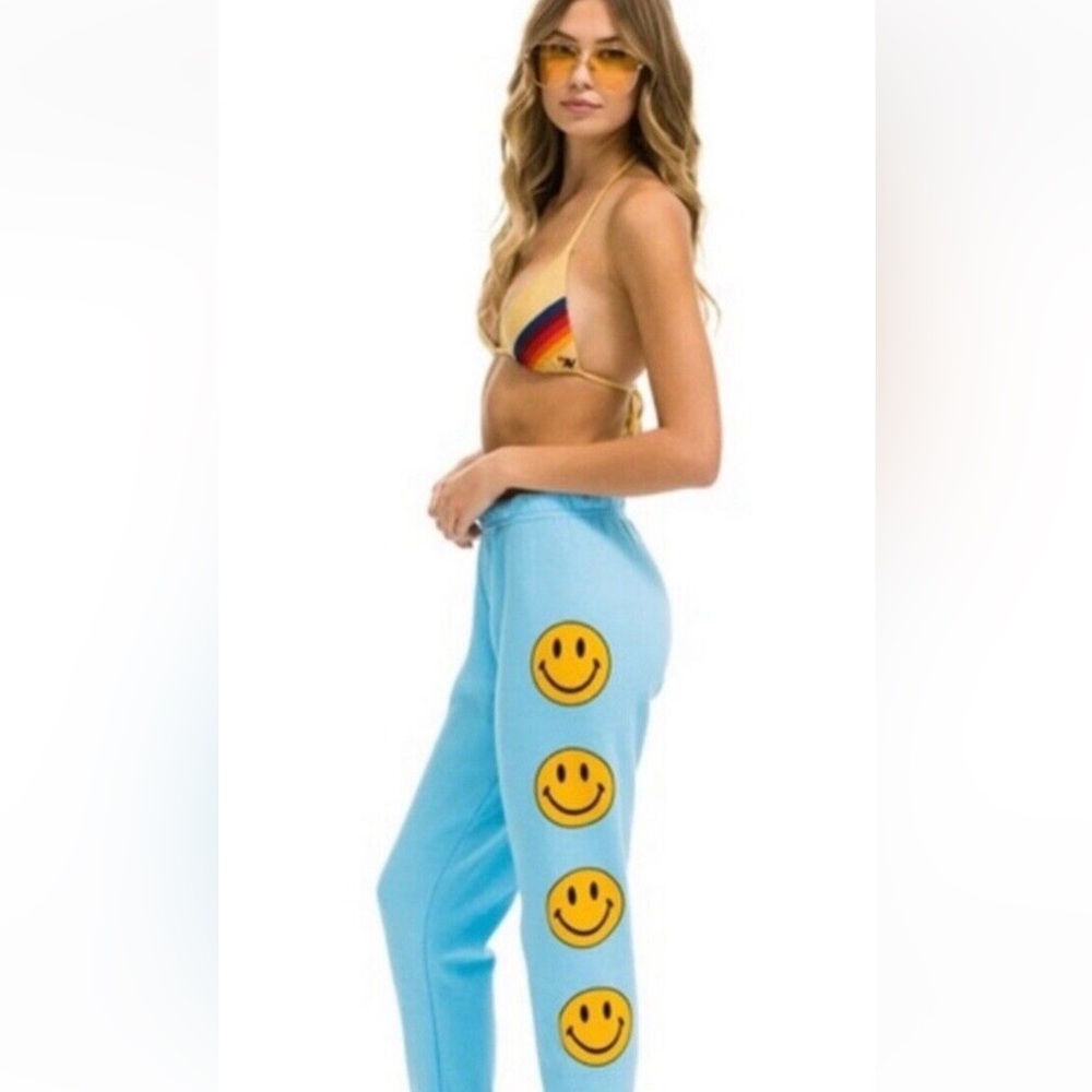Aviator Nation Medium Light Blue Track Joggers with Yellow Smiley Faces